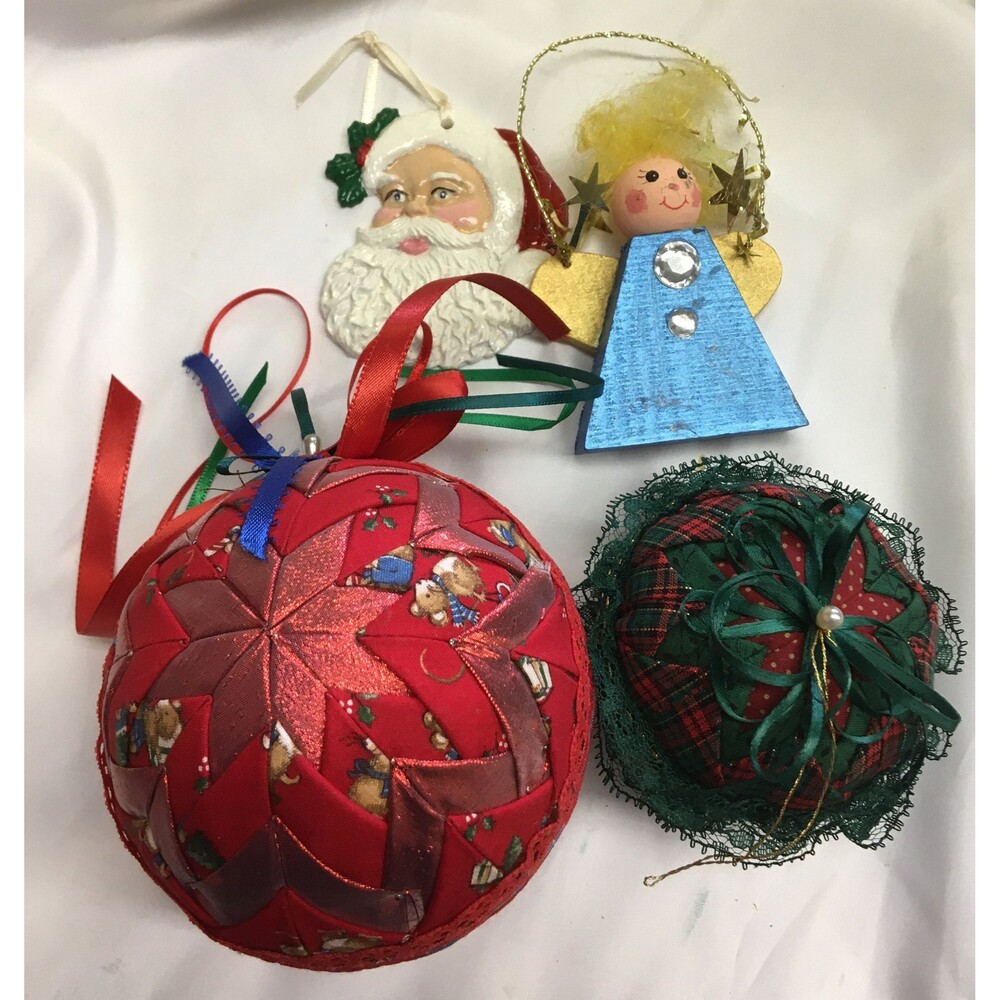 Christmas Ornament Lot of 4 Fabric Wood Plaster Angel Santa Balls